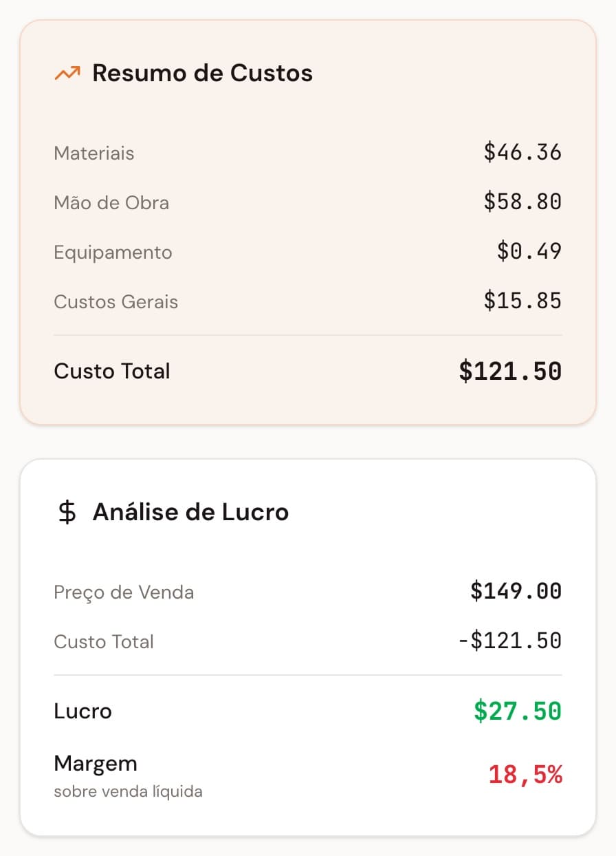 Controle materiais, mão de obra, equipamentos e custos indiretos num só lugar. Obtenha custos totais rigorosos num instante, com a nossa calculadora intuitiva.