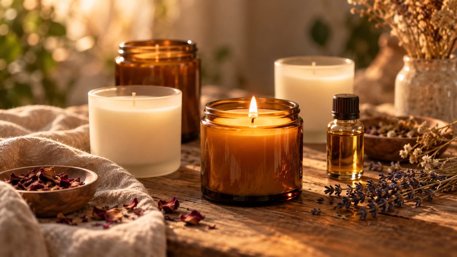 Velas feitas à mão em recipientes de vidro sobre uma bancada, com cera e frascos de fragrância.