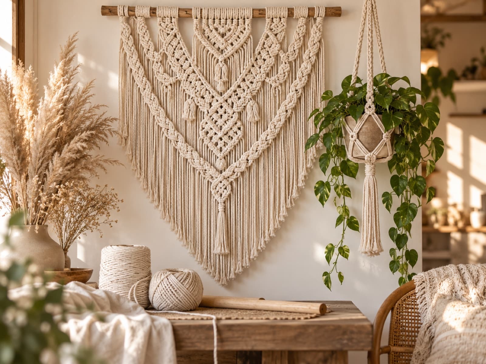 Uma peça de parede em macramé em progresso, com corda, varas e uma planta por perto.