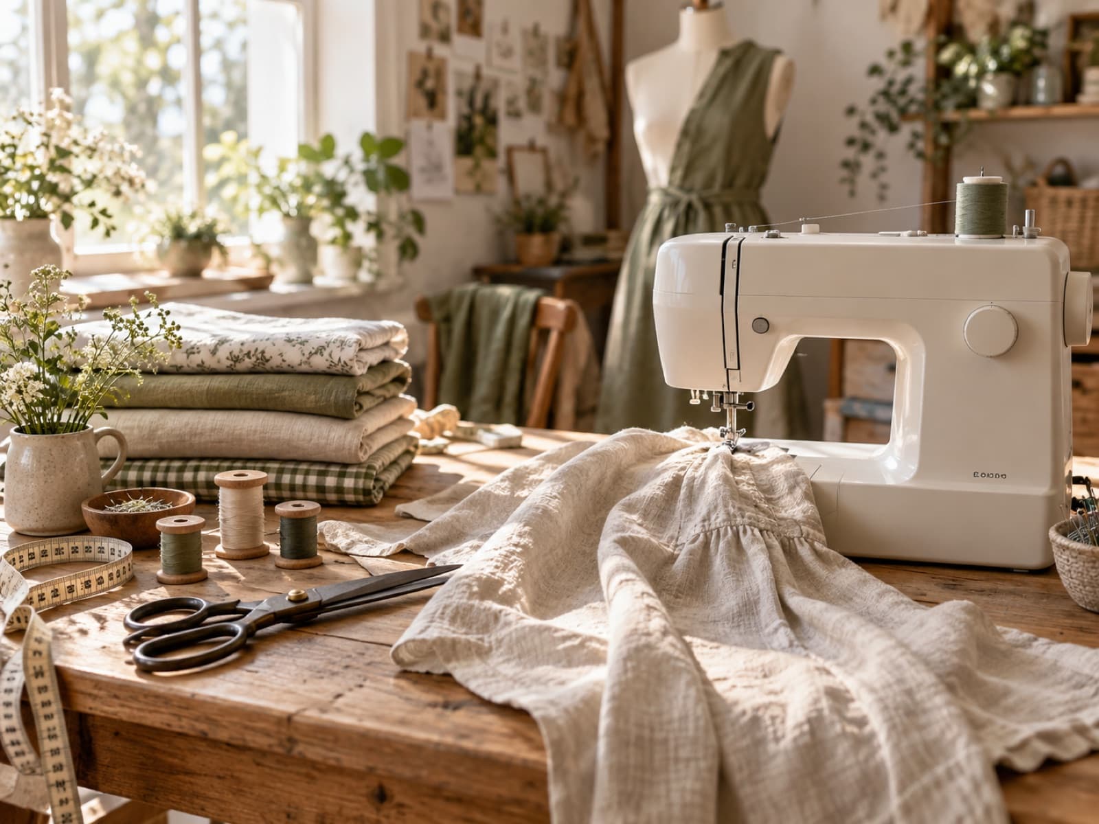 Um atelier de costura com tecido, uma peça num manequim e uma máquina sobre a mesa.