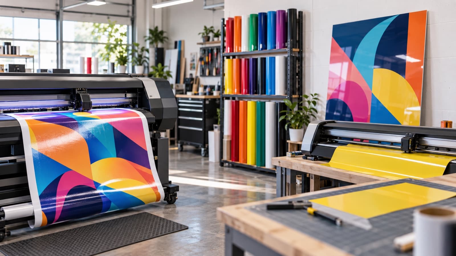 Uma impressora de grande formato e um plotter de vinil a produzir um letreiro personalizado para montra.