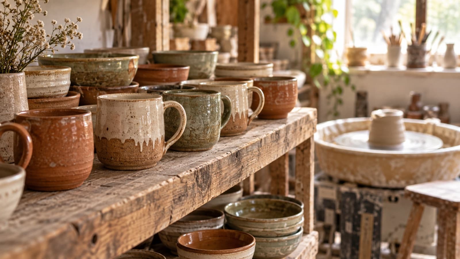 Canecas e taças de grés artesanais em vidrados terrosos numa prateleira rústica, com um torno atrás.
