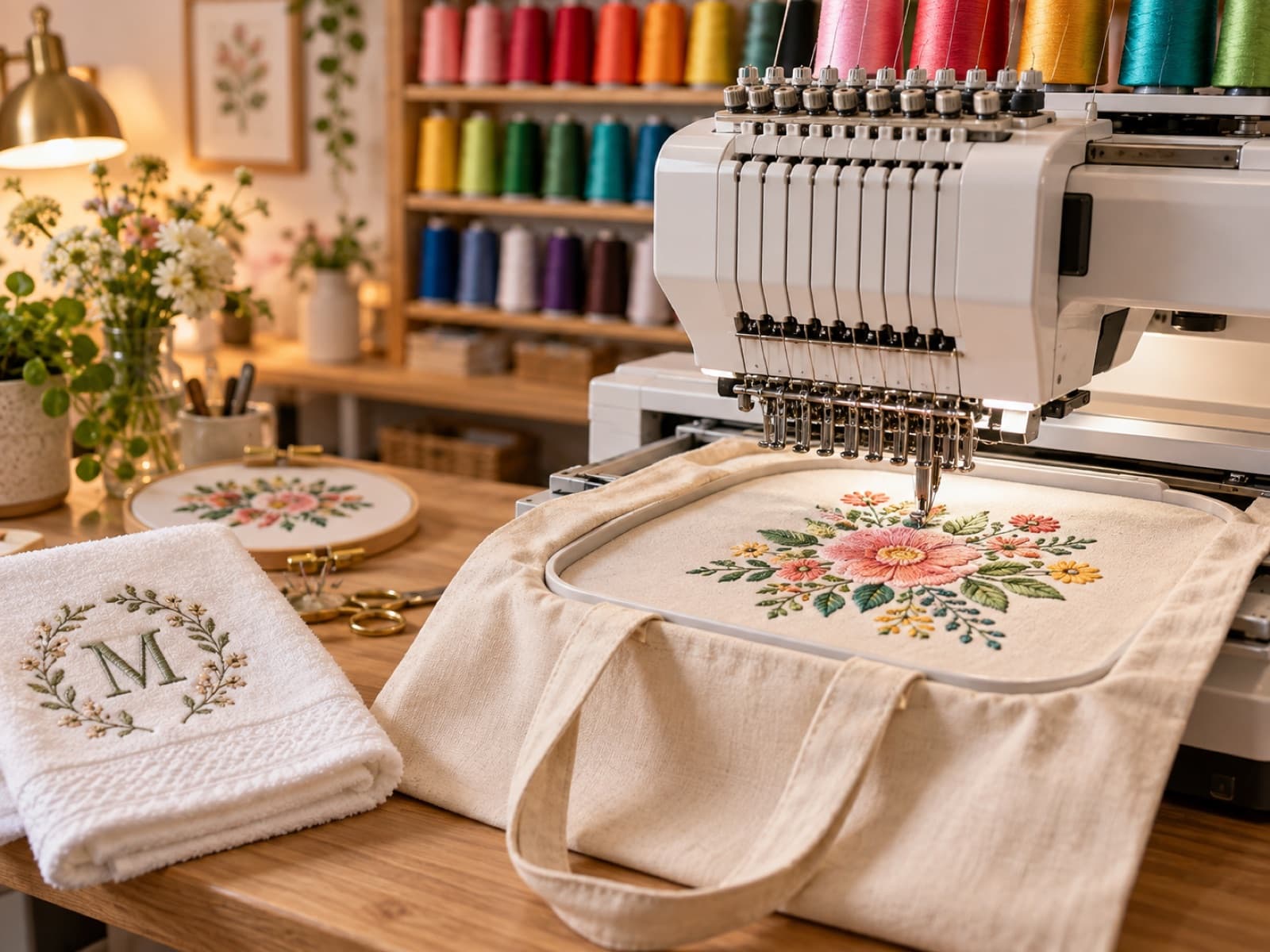 Uma máquina de bordar a coser um desenho colorido num boné, com linhas no suporte.