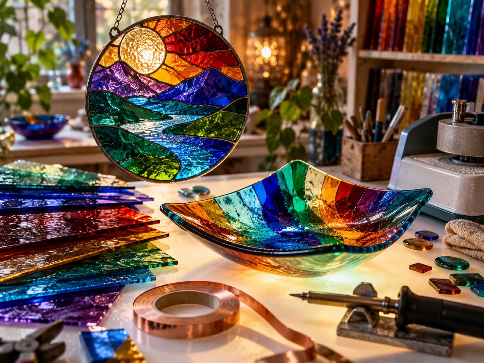Um apanha-sóis de vitral e chapas de vidro coloridas sobre uma mesa de luz.